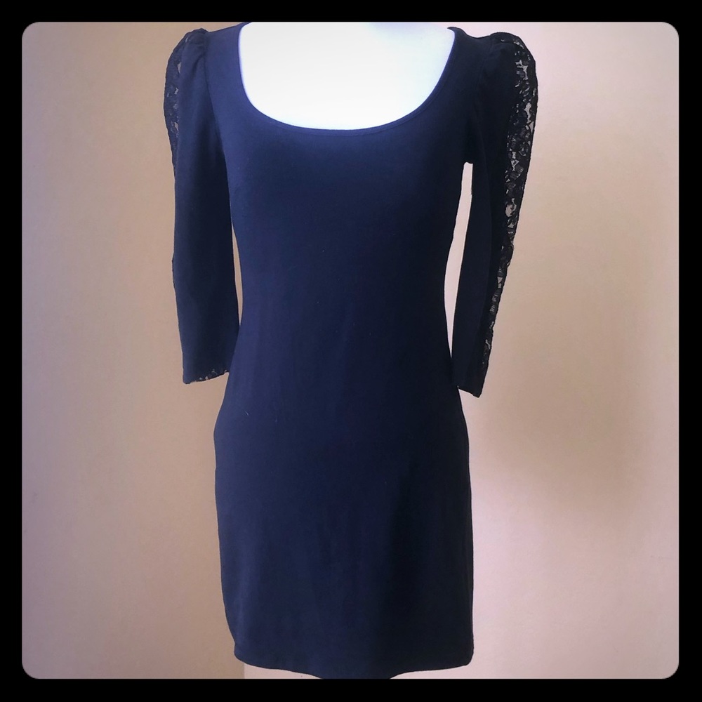 Cavi Black dress with lace back 3/4 length puff sleeves